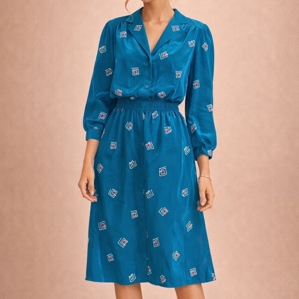 Petites for Maggy Vintage Teal‎ Geometric Satin Midi Dress Size 4 Retro 80s G2